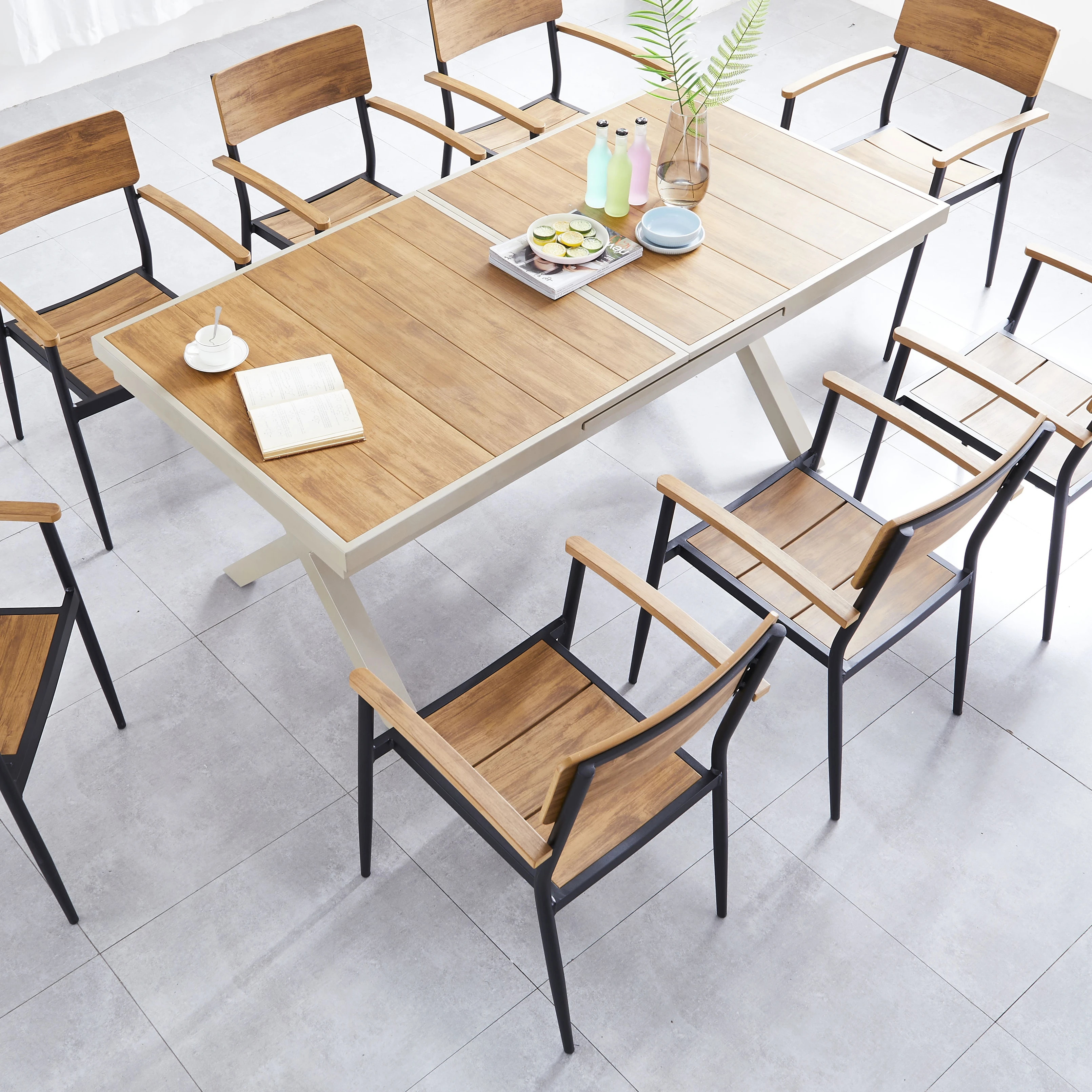 Teak color metal frame environmental protection plastic wood material outdoor furniture indoor furniture stretch table set