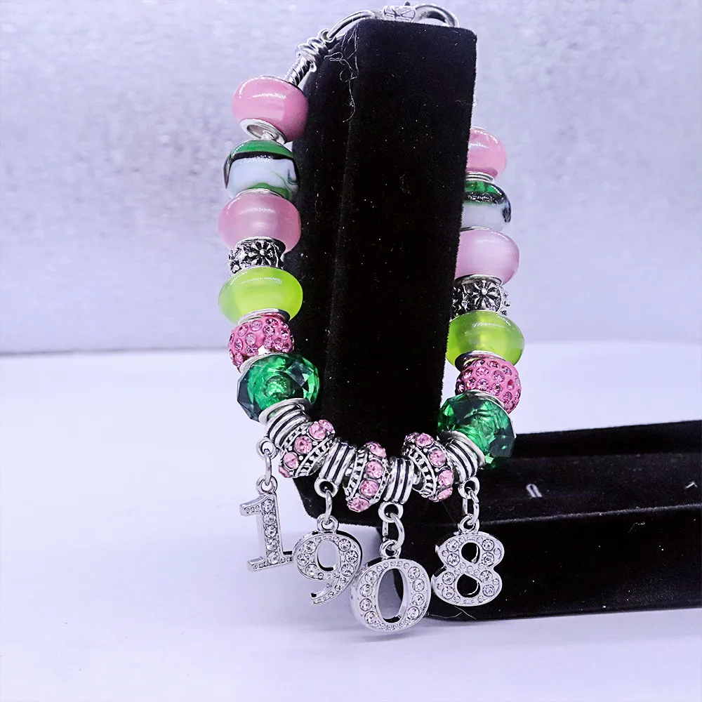 Stylish Pink And Green Stone Greek Alpha Symbol Founding Year 1908 Charms Decorated Luxury Beaded Adjustable Soror Bracelet