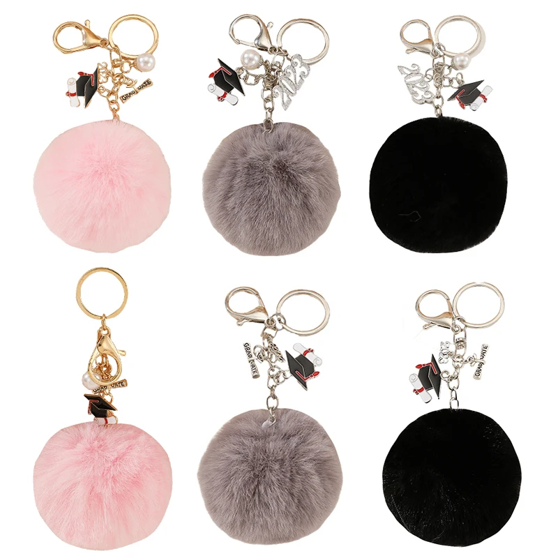 Best-selling popular 2023 multicolor fur ball car accessories key chain PomPom alloy dripping Dr. Hat Pearl accessories keychain