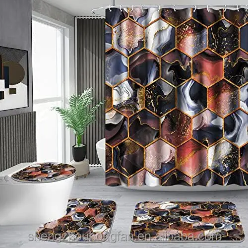 Bathroom Accessory Set, Including Non-Slip Rugs,Toilet Lid Cover and Bath Mat, Waterproof Shower Curtain,Honeycomb Marble