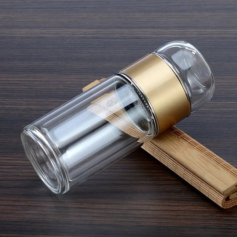 260ml Wholesale Glass Tea Water Separation Bottle with Tea Strainer Leak-Proof Glass Tea Tumbler with Wood Color For Office