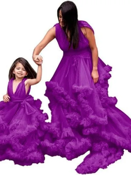 New Arrival Mother Daughter Dresses Mommy And Me Cloud Flower Chiffon Family Lo Dresses For photography Party Wear Frocks