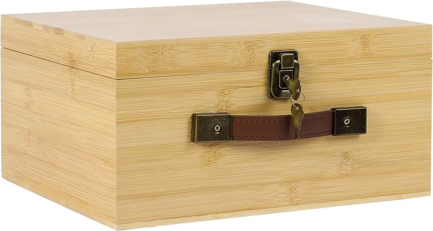 Large Bamboo Wood Storage Box with Lock Keys Hinged Lid PU Leather Handles Lidded Natural Wooden Storage Bins Basket