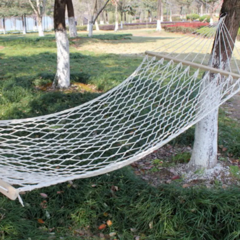 Outdoor Mesh Hammock Single Person Cotton Thread Solid Wood Indoor Swing Wooden Stick Rope Double Net Pocket