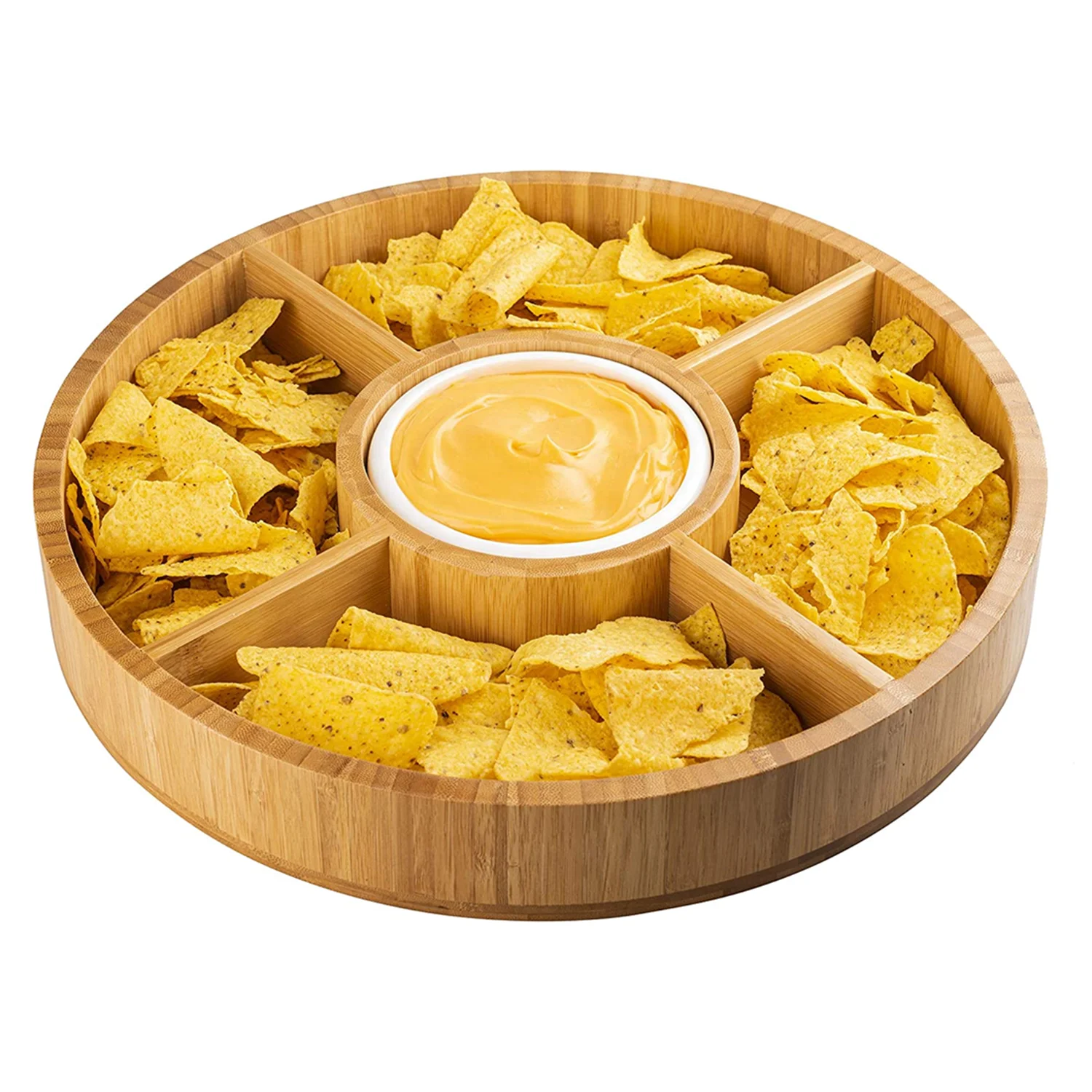 Wholesale Large Bamboo Decorative Appetizer Serving Dip Platters Tray with Compartments with Ceramic Dip Bowl