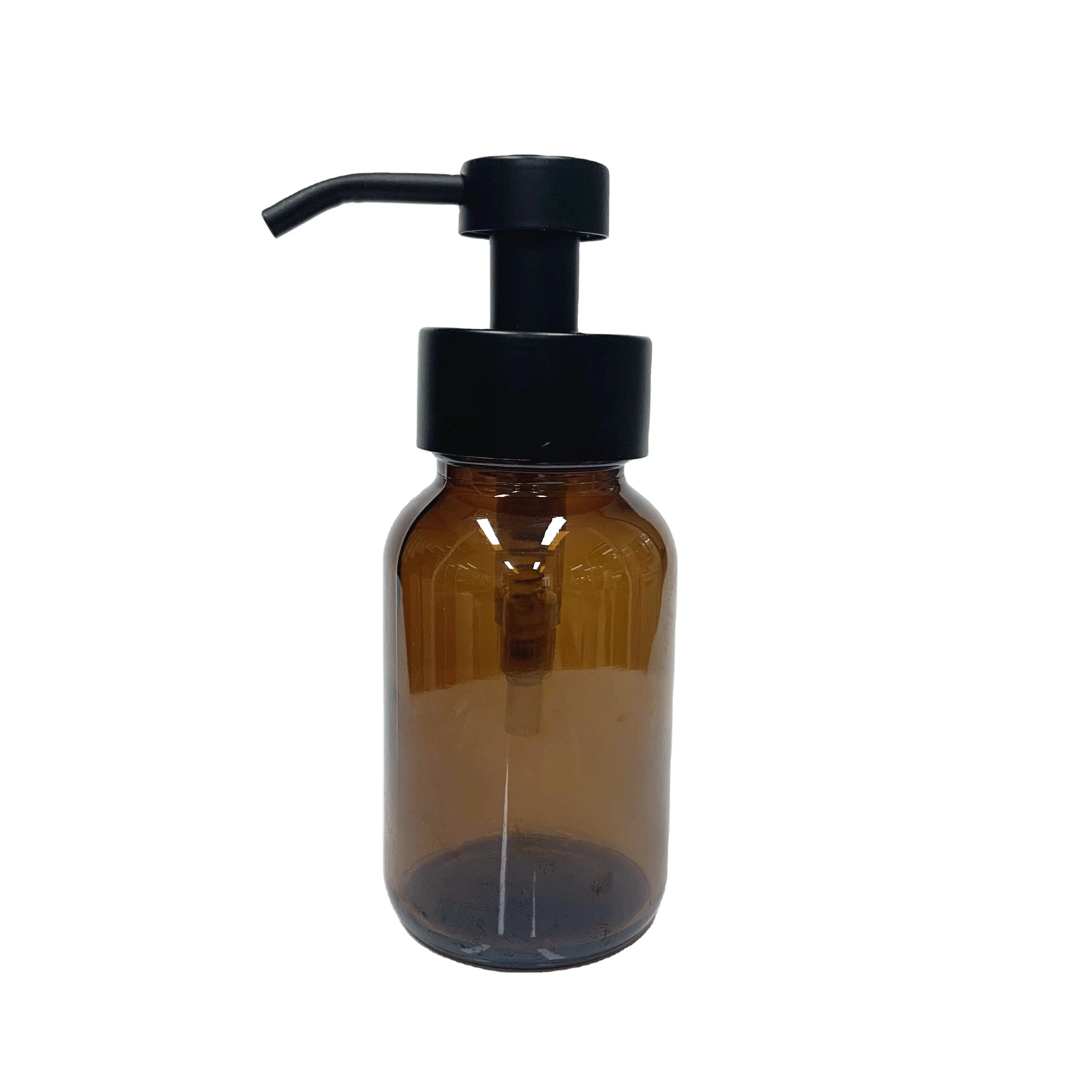 
250ml wide mouth amber glass bottle with matte black stainless steel hand soap dispenser pump 