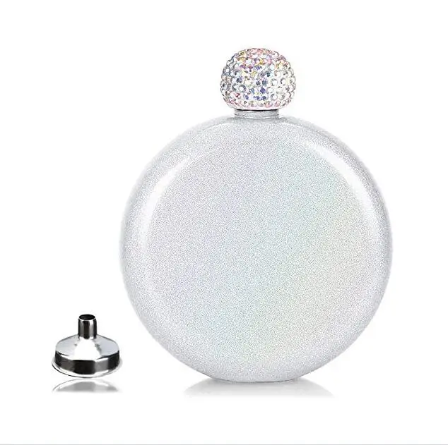 Круглая фляжка из нержавеющей стали с крышкой со стразами, 5 унций