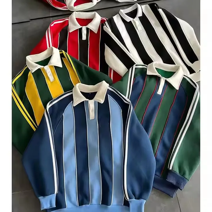 Wholesale Custom Logo Striped Rugby Polo Shirt Breathable Cotton Long Sleeve T Shirt For Men