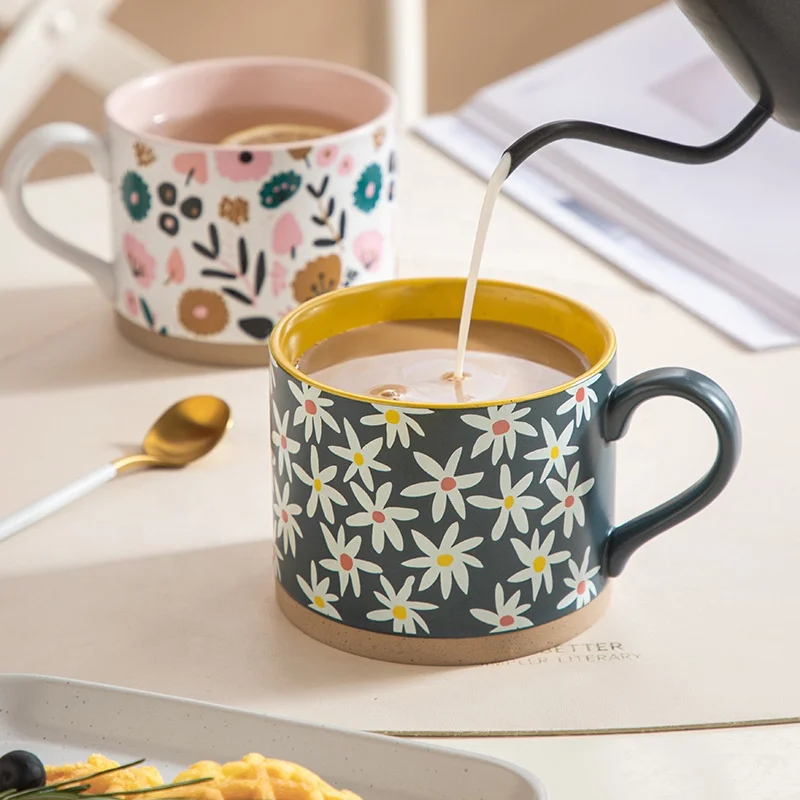 Floral Decal Printing Design Decal Gifts Large Capacity Porcelain Ceramic Soup Coffee Mugs Cups With Handle