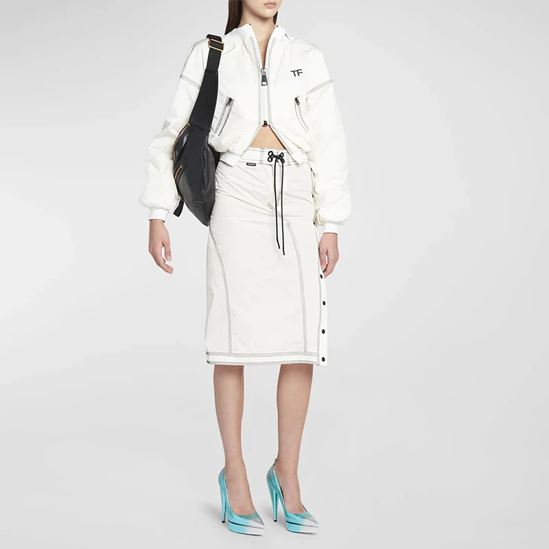 Wholesale Women Streetwear Cargo Pencil Skirt Side Slit Woven White Midi Skirt