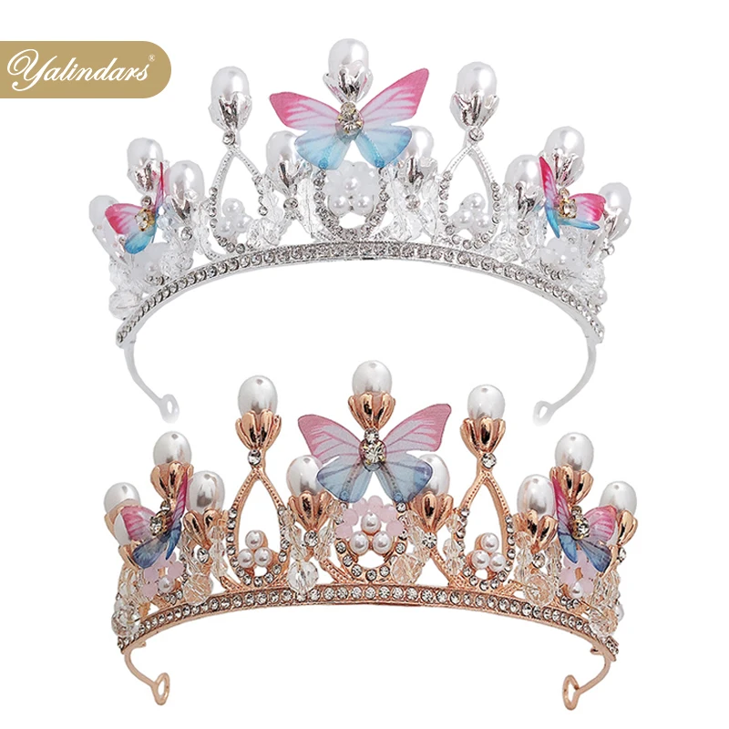 Princess Tiaras for Girls, Birthday Crown for Girls Butterfly Princess Performance Hair Accessories Handmade Crystal Tiara