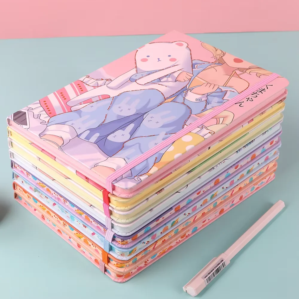 A5 Hardcover Notepad with elastic band Colorful Edge Cute Cartoon 80 sheets lined page Diary Notebook Scrapbook
