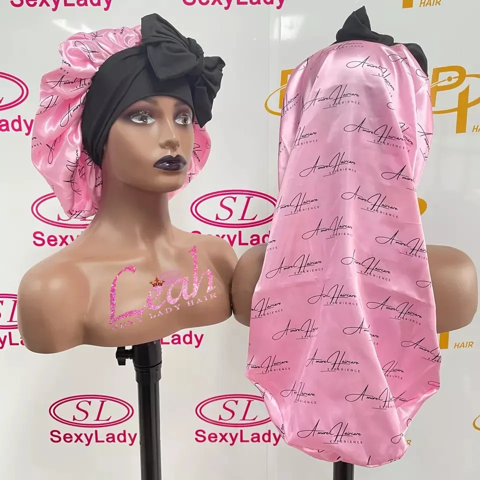 Custom Logo Flag Satin Bonnet with Long Ties Fashionable Patterns Designer Bonnets Women  Long  Braids