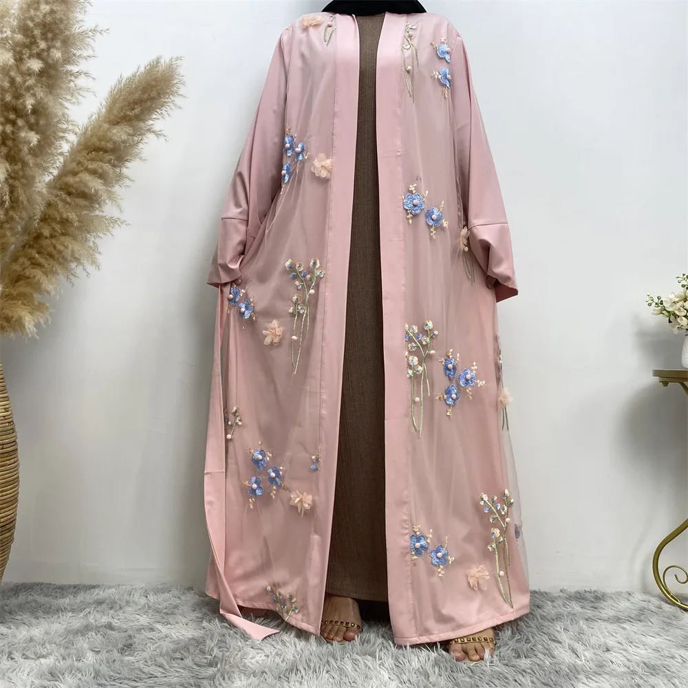 Eid 3D Embroidery Flower Mesh Cardigan Classic Muslim Dress Muslim Dress Women Long Sleeve New Double Chiffon Abaya