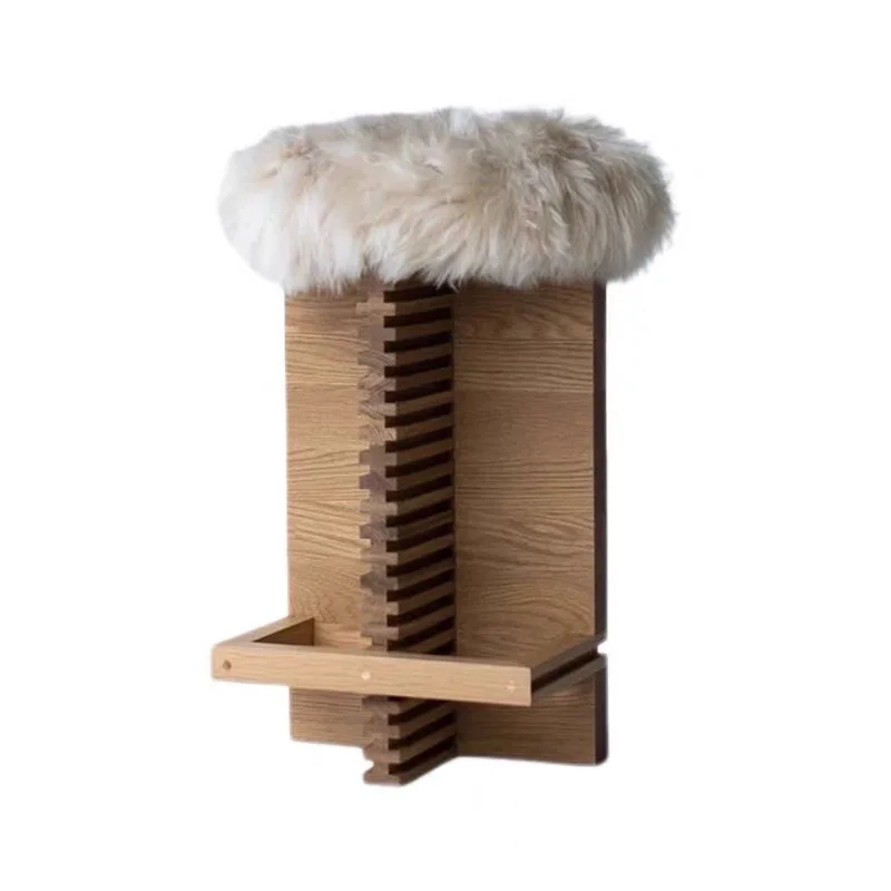 Medieval bar chair home light luxury high chair vintage island lamb hair chair wabi-Sabi wind solid wood bar stool