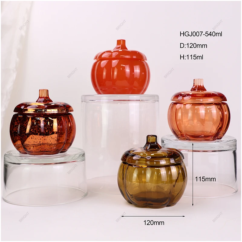 Factory New Style Glass Candle Vessels Red Amber Halloween Pumpkin Candle Jar with Lid