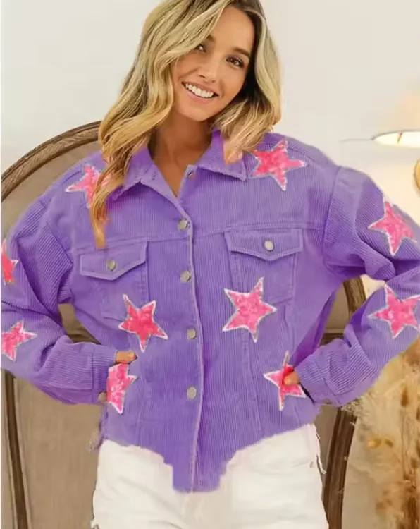 Custom Femme Star Sequin Embroidery Patch Appliques Corduroy Jacket for Women Wash Fringe Jacket