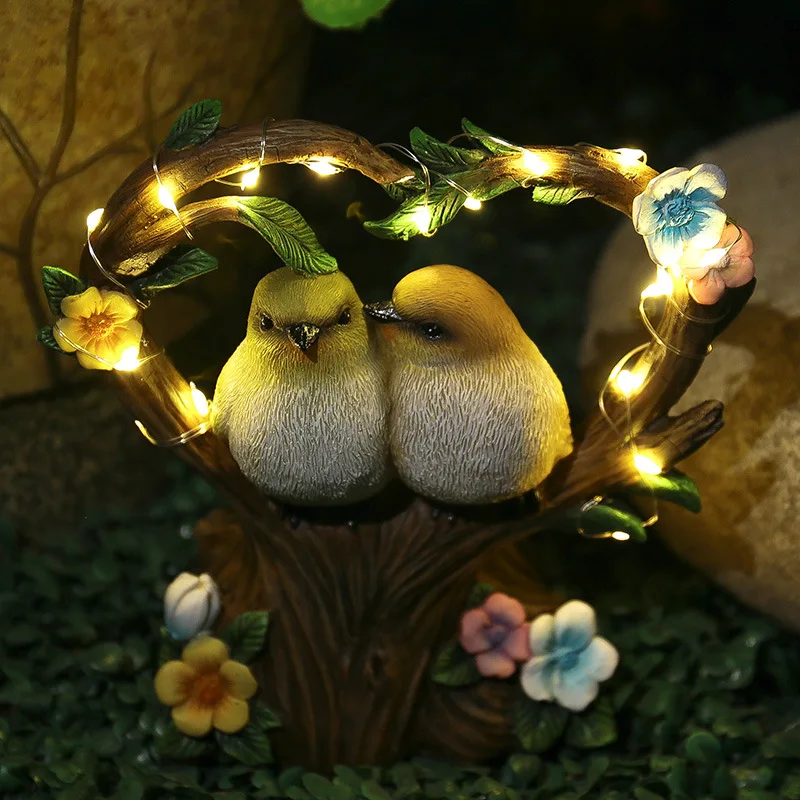 Creative garden solar night light heart-shaped simulation couple bird resin statue balcony yard layout outdoor decor ornaments