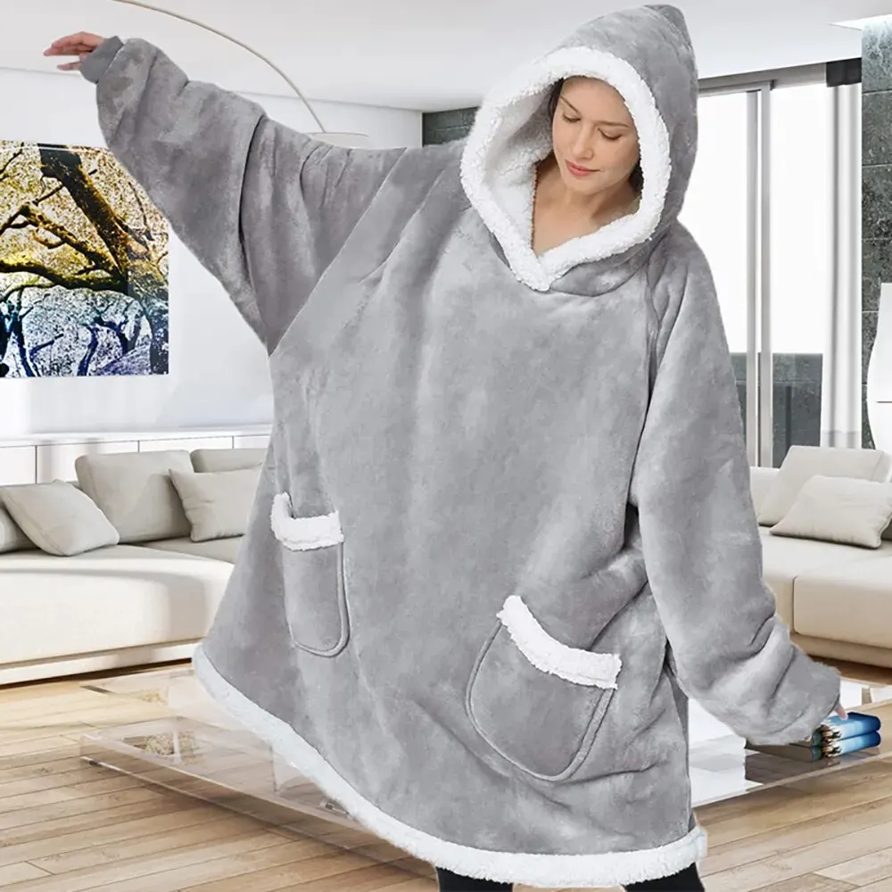 Winter Oversized Hoodie Blanket Fleece Sweatshirt Plaid Hoody Women Pocket Hooded Sweat Oversize