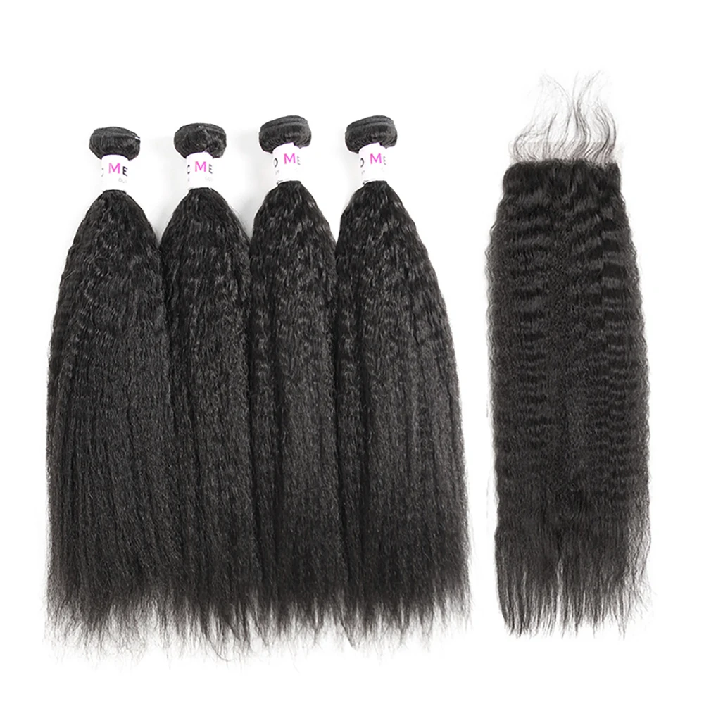 Afro Kinky Straight Indian Remy Virgin Human Hair Weft Yaki Kinky Straight Hair With Silk Top Closure