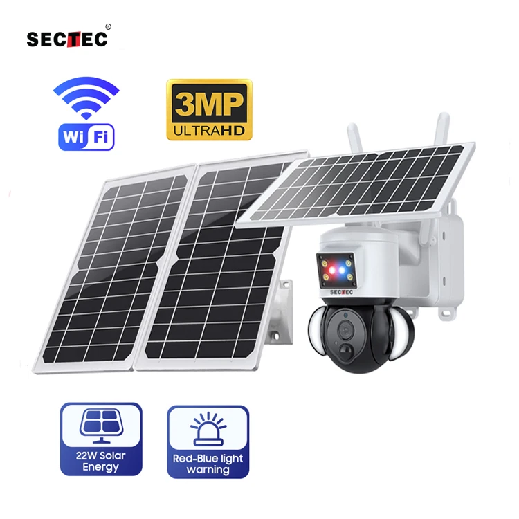 Sectec 2023 Wi-Fi 4G 3MP HD камера видеонаблюдения на солнечной энергии 22 Вт солнечная батарея Красный Синий прожектор PTZ камера