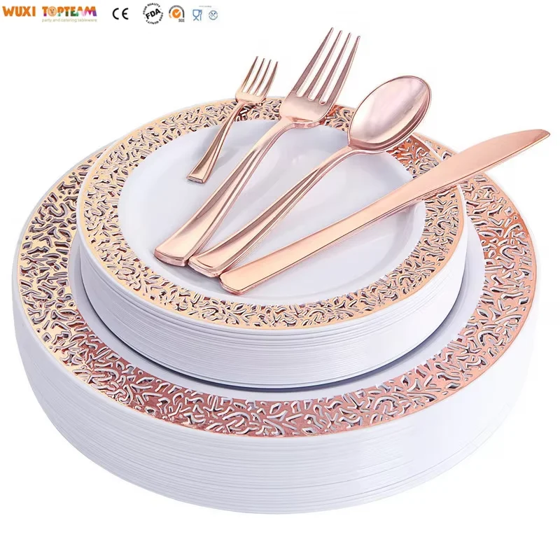 Hot-selling Rose Gold Dinnerware Set Heavy-duty Lace Design Tableware Luxury Tableware Combo