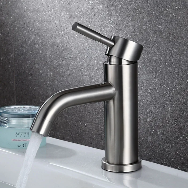 Stainless Steel 304 Curved Spout Mixer Brushed Hot and Cold Water Basin Faucet