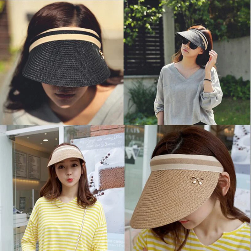 Foldable Packale Korean Style golf side sun cap girls beach fishing caps women wide brim Straw Visor Sun Hat for family