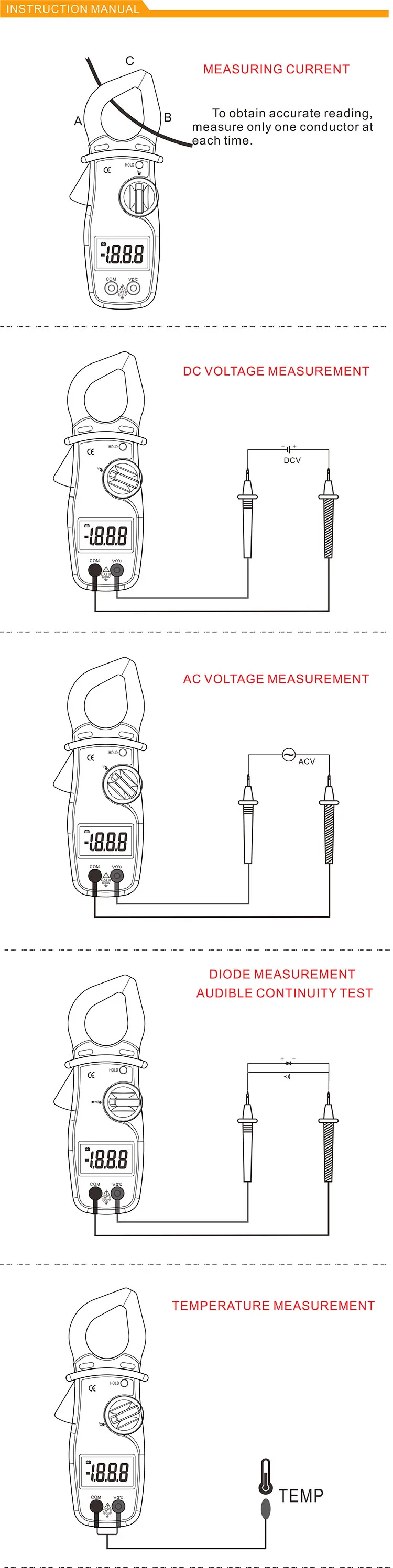 Digital Clamp Meter with Temperature Continuity Buzzer Data Hold DT9300C