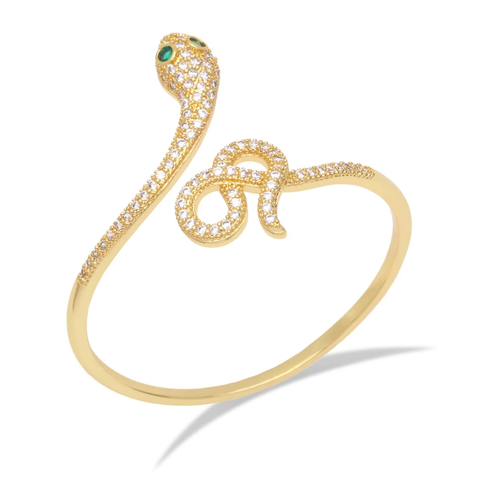 Gold Tone Copper Alloy Icing Zircon Green Snake Eye Snake Head Bangle Cuff Bracelet for Women
