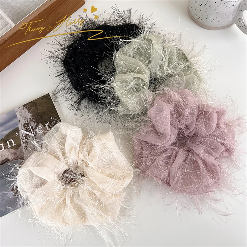 Tracy & Herry 2023 New Net Yarn Floating Flocculant Large Scrunchie Fashion Fairy Hair Tie  Elegant Hair Accessories Rope