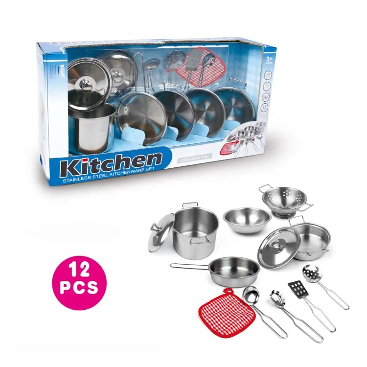 
Kitchen Pretend Play Accessories Toys with Stainless Steel Cookware Pots and Pans Set Cooking Utensils Play Food Kid Toys 