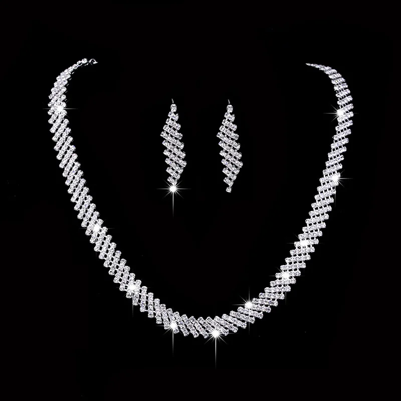 Crystal Bridal Wedding Jewelry Sets African Beads Silver Color Rhinestones Women Necklace Set Engagement Prom Jewelry