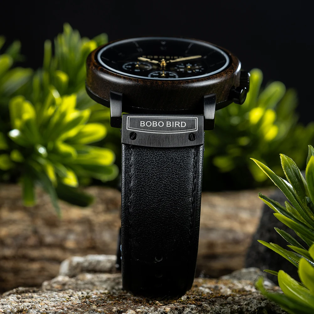 Custom luxury low moq Dropshipping Stainless Steel Case Leather strap Chronograph wood watch