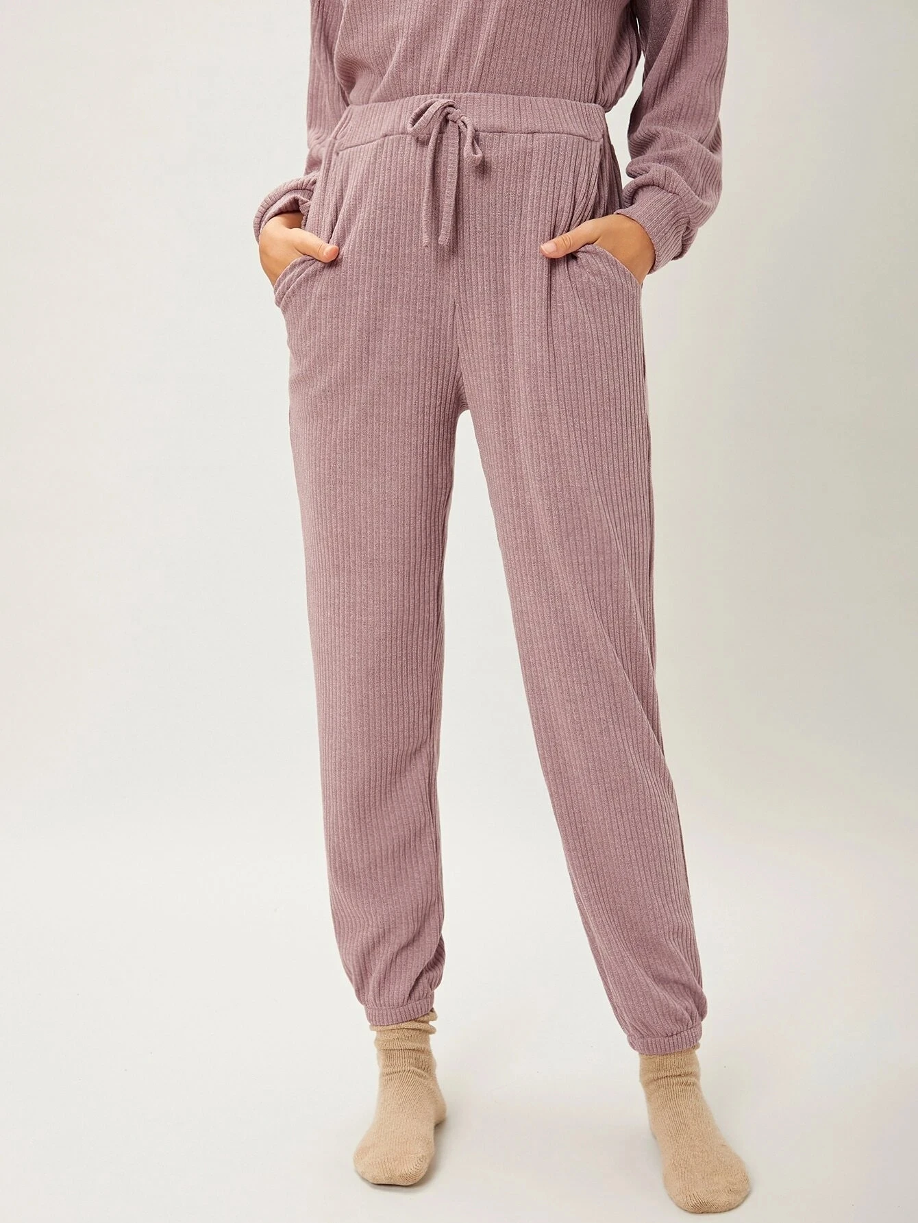Spring Autumn Solid Pajama Women Drawstring Waist Casual Lounge Polyester Ribbed Knit Long Lounge Pants