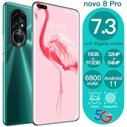 Novo8 Pro 7.3 Inch HD Screen Android Smartphones 16GB+512GB 5G LET Dual SIM Mobile Phone GPS Cell Phones