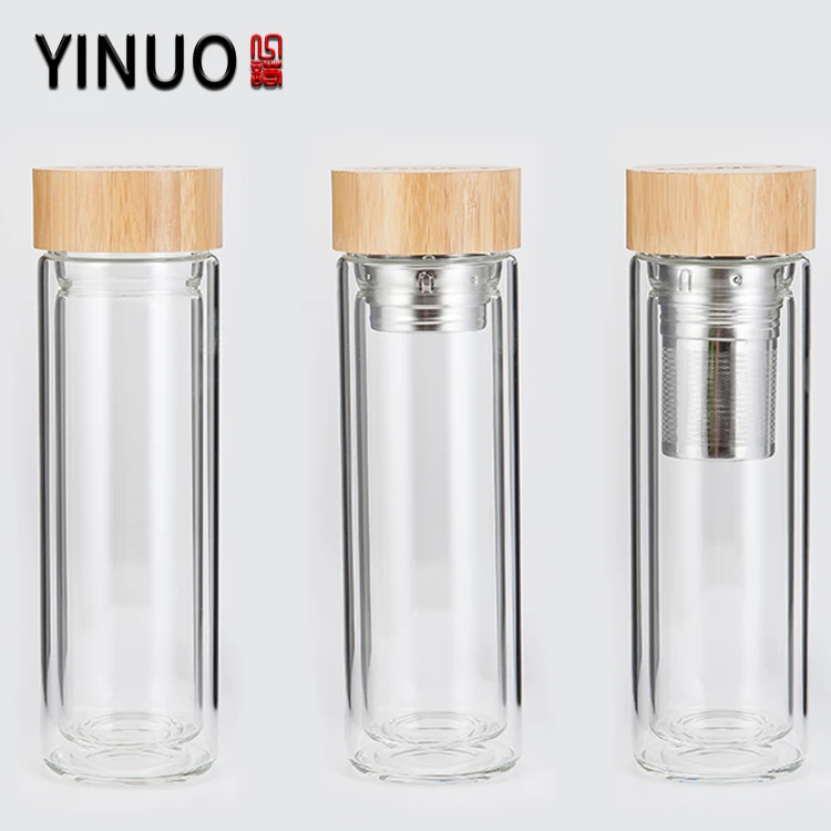 custom borosil glass fruit tea water bottle with tea infuser and wood lid