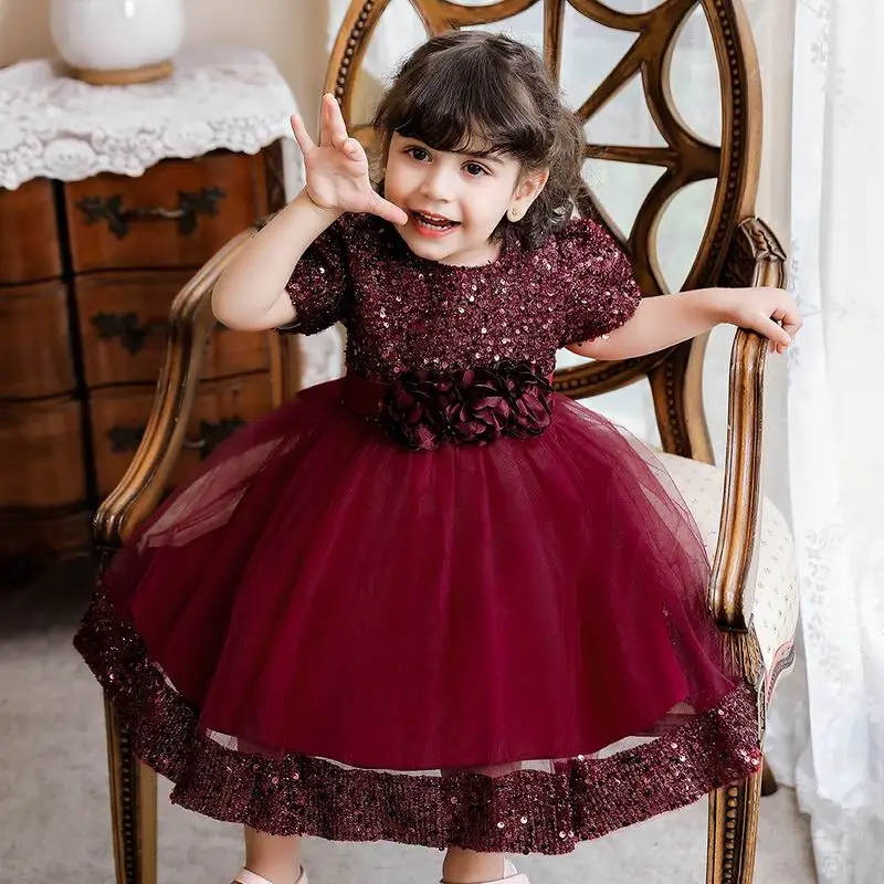 Western style layered fluffy princess dress Sequin gown for girls wedding party dress girls for 0-5 years old