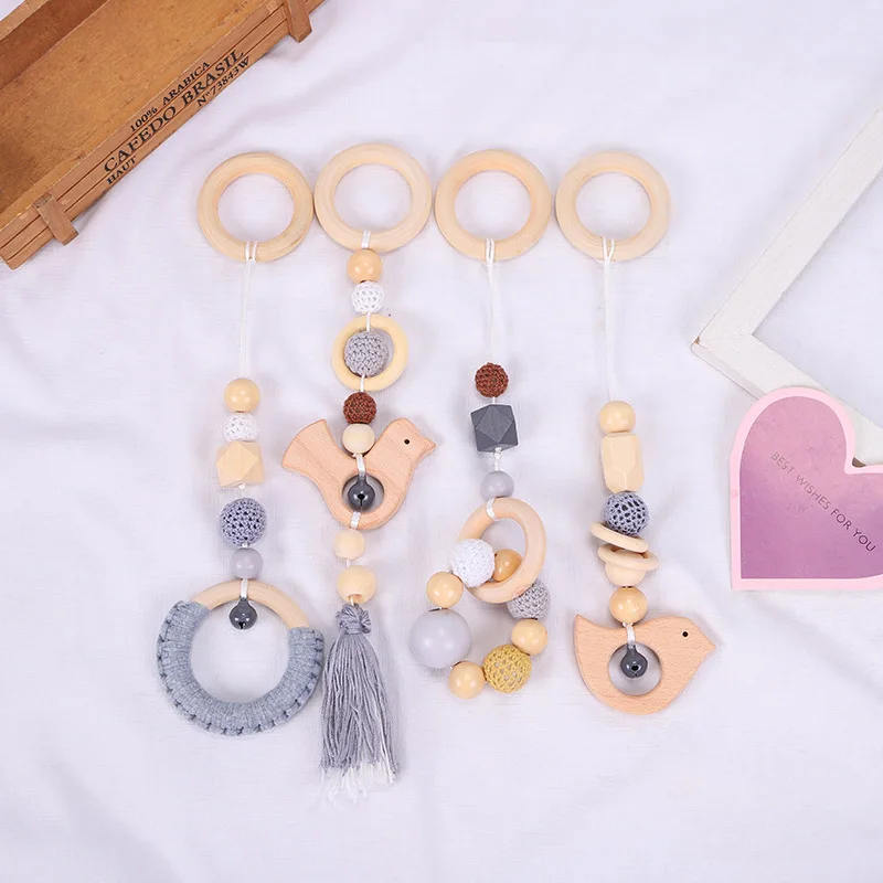 Winning New Woolen Beads Baby Room Decoration Pendant Beech Wood Teether Wooden Ring Baby Toy Set