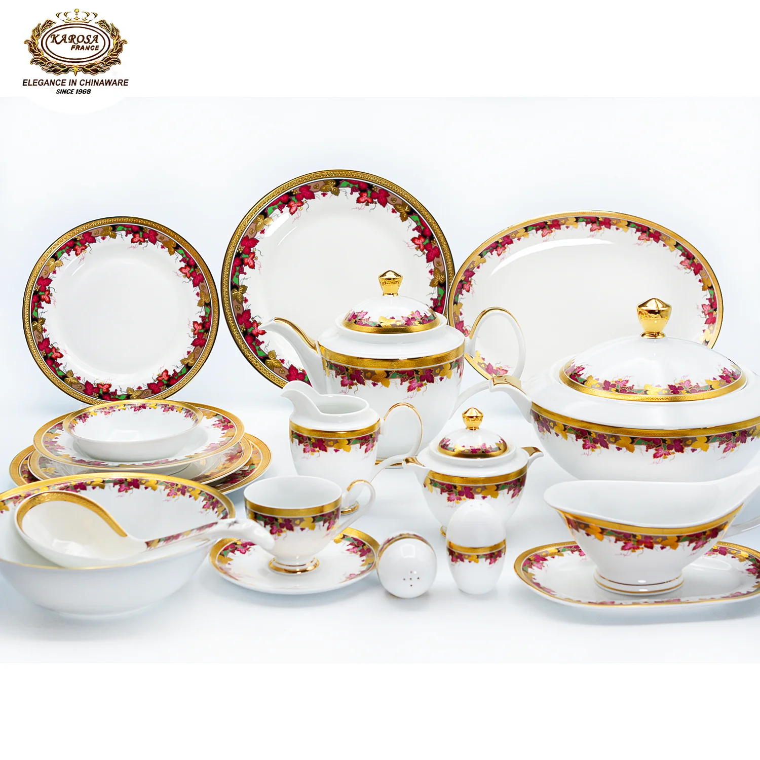 Embossed gold dinner set of both porcelain and bone china in flower luxury style