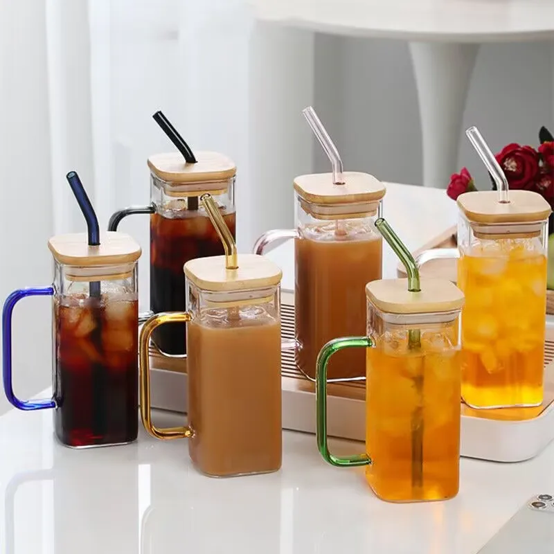 Newest 400ml Square Glass Cup Reusable Clear Glass Tumbler Iced Coffee Tea Glass Mug with Bamboo Lid And Colored Straw Handle