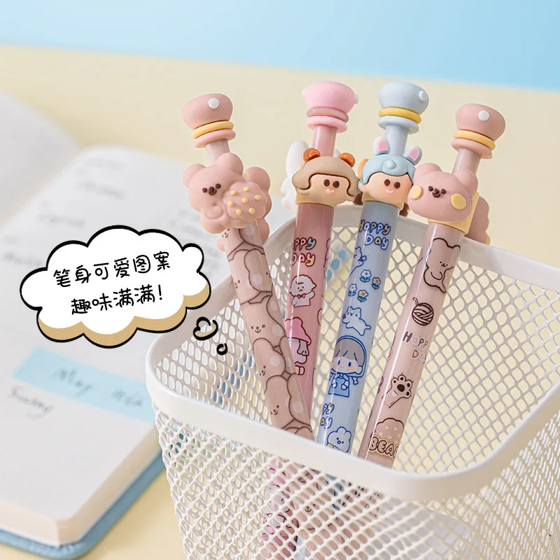 2023 New cheap Desk stationery students Good writing novelty bear printed Press style plastic fancy gel ink pens 0.5mm