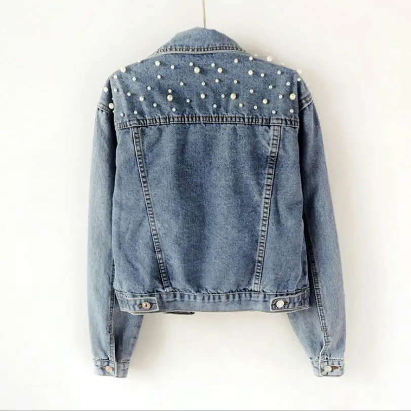 
Pearl Beading Short Denim Jackets Women Long Sleeve Vintage Casual Jean Jacket Denim Coat 