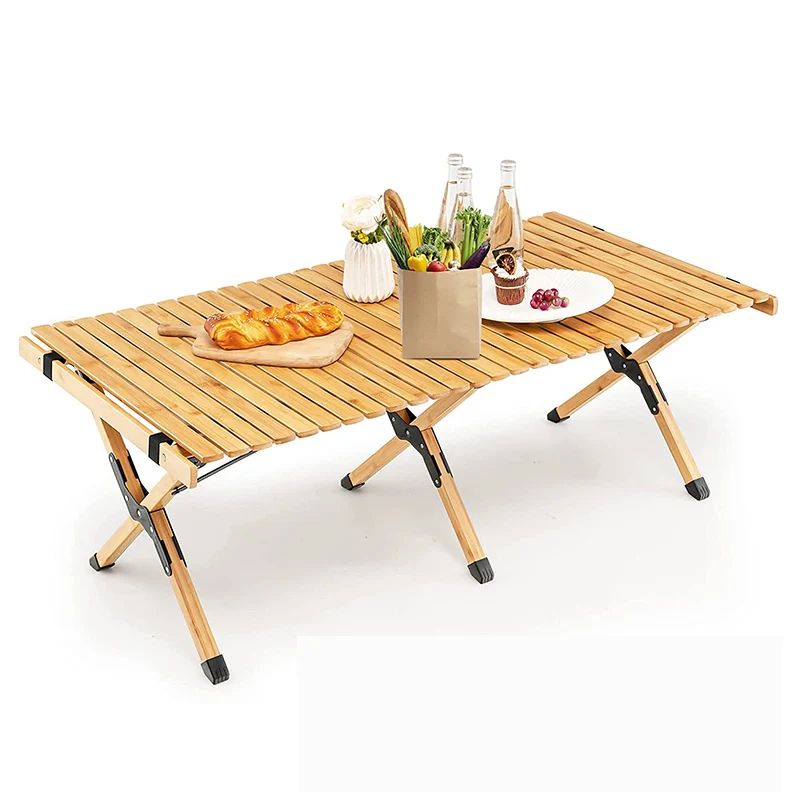 Bamboo Folding Picnic Table,  Wooden Roll-up Portable Camping Table for Patio Garden Beach Yard