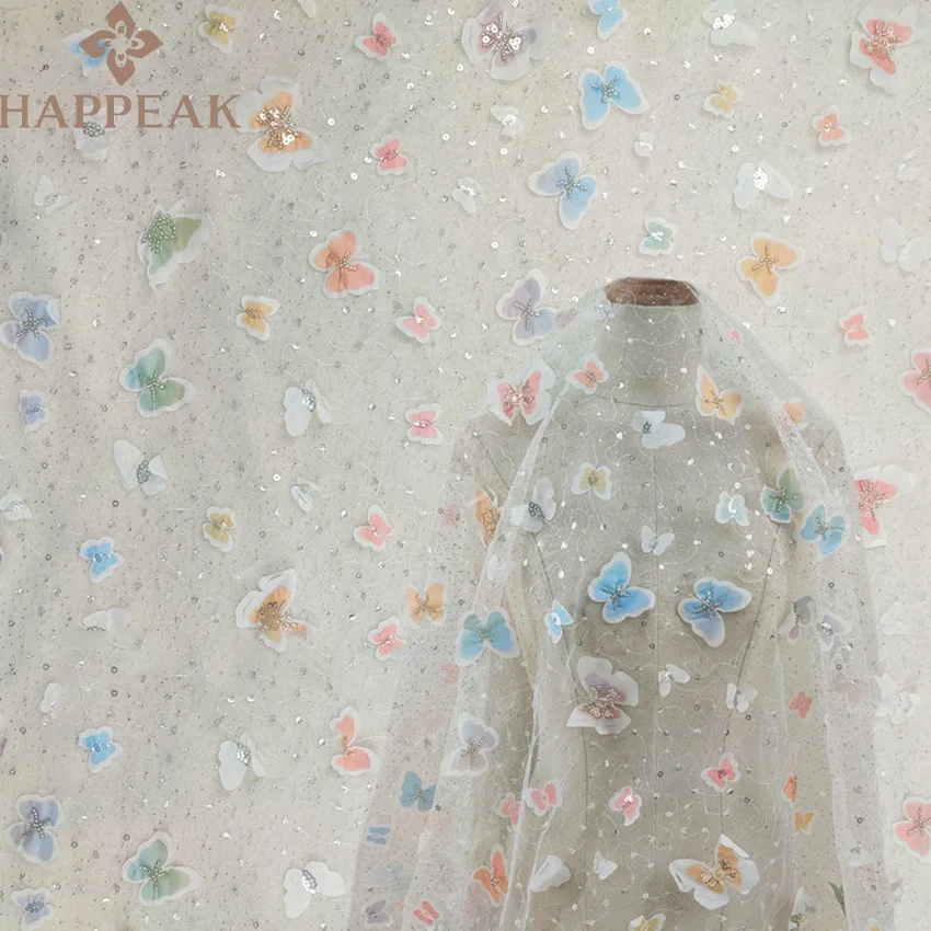 HAPPEAK wholesale spangle sequin lace fabric colorful 3d butterfly embroidered tulle fabric for party dress