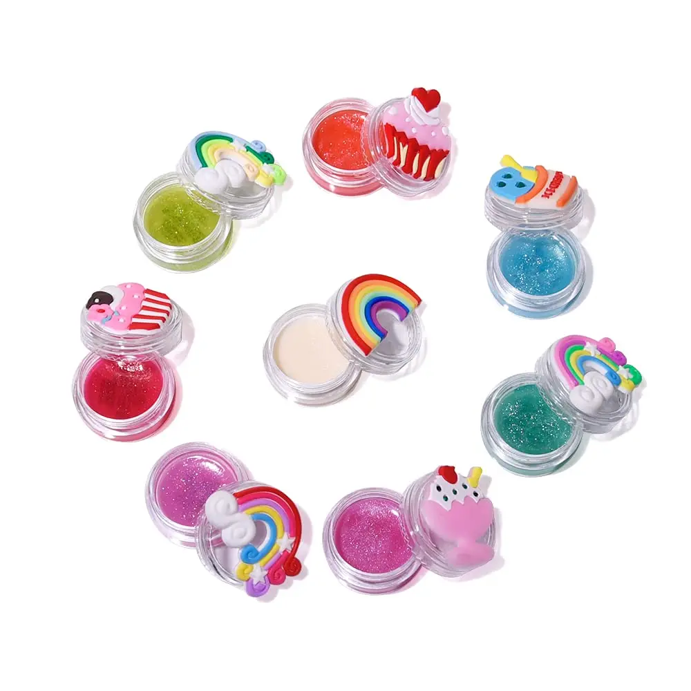 Lip Balm Set for Kids Fruity Flavors Cute Cupcake  Lip Gloss of Rainbow Designs