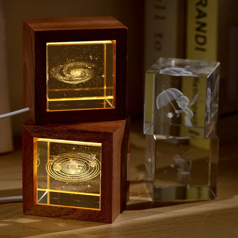 With Wooden Frame Crystal 3d Laser Engraved Solar System Planet Moon Glass Ball Cube Night Light Souvenir