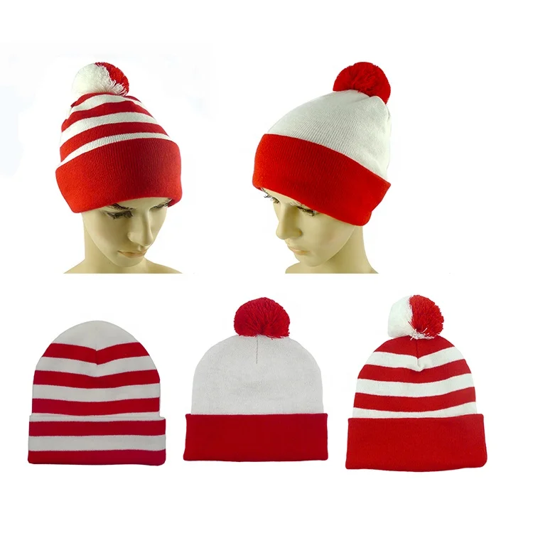Red White Striped Pom Pom Cuff Beanie Knit Christmas Santa Hat Warm Snow Knitted Cap for Children and Adults Sports Caps Unisex