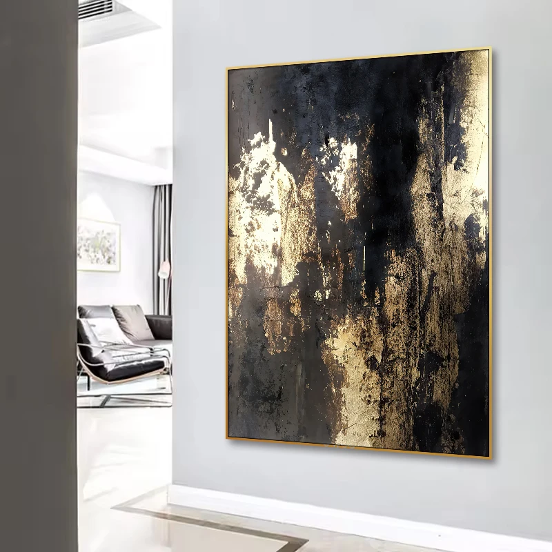Huamiao black and gold abstract oil painting art wall decor 100% hand painted real gold foil large oil painting