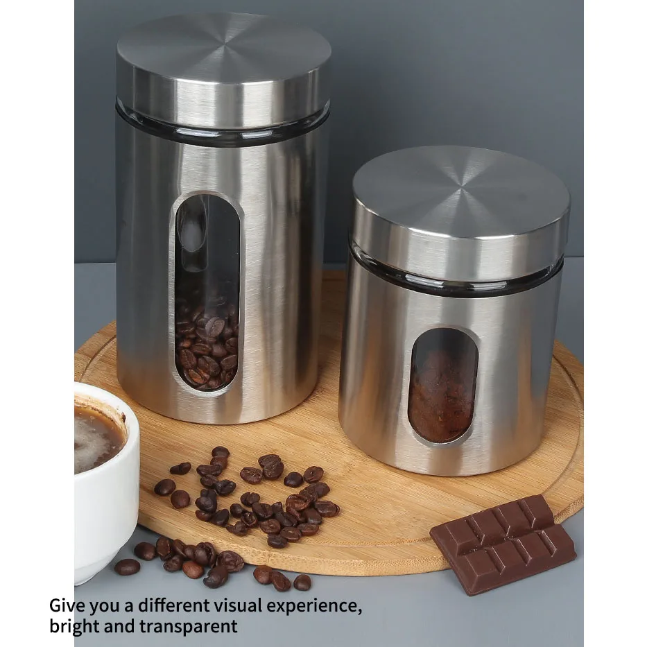 LIHONG Stainless Steel Visible Glass Storage Tank Coffee Beans Grain Sugar Metal Food Storage Canisters